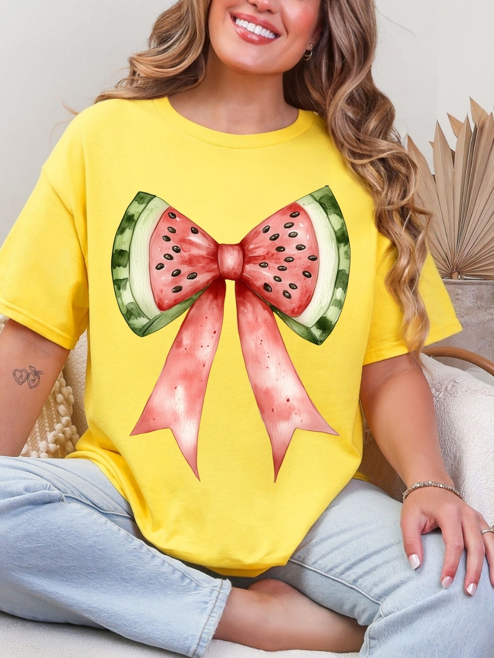 Gildan Yellow Tee with Pink & Green Watermelon Bow Graphic